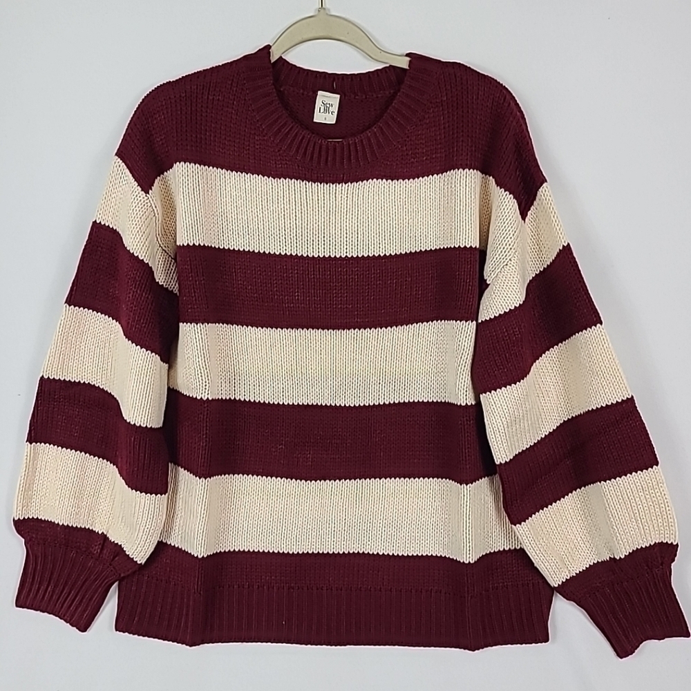 NEW Sew In Love Lucky Strike Burgandy Ivory Striped Round Neck Sweater Sz 3X